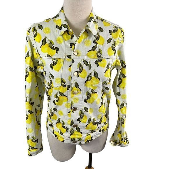 NWOT L'AGENCE Yellow Celine Lemon Print Stretch Cotton Trucker Jacket (S) - Picture 3 of 13